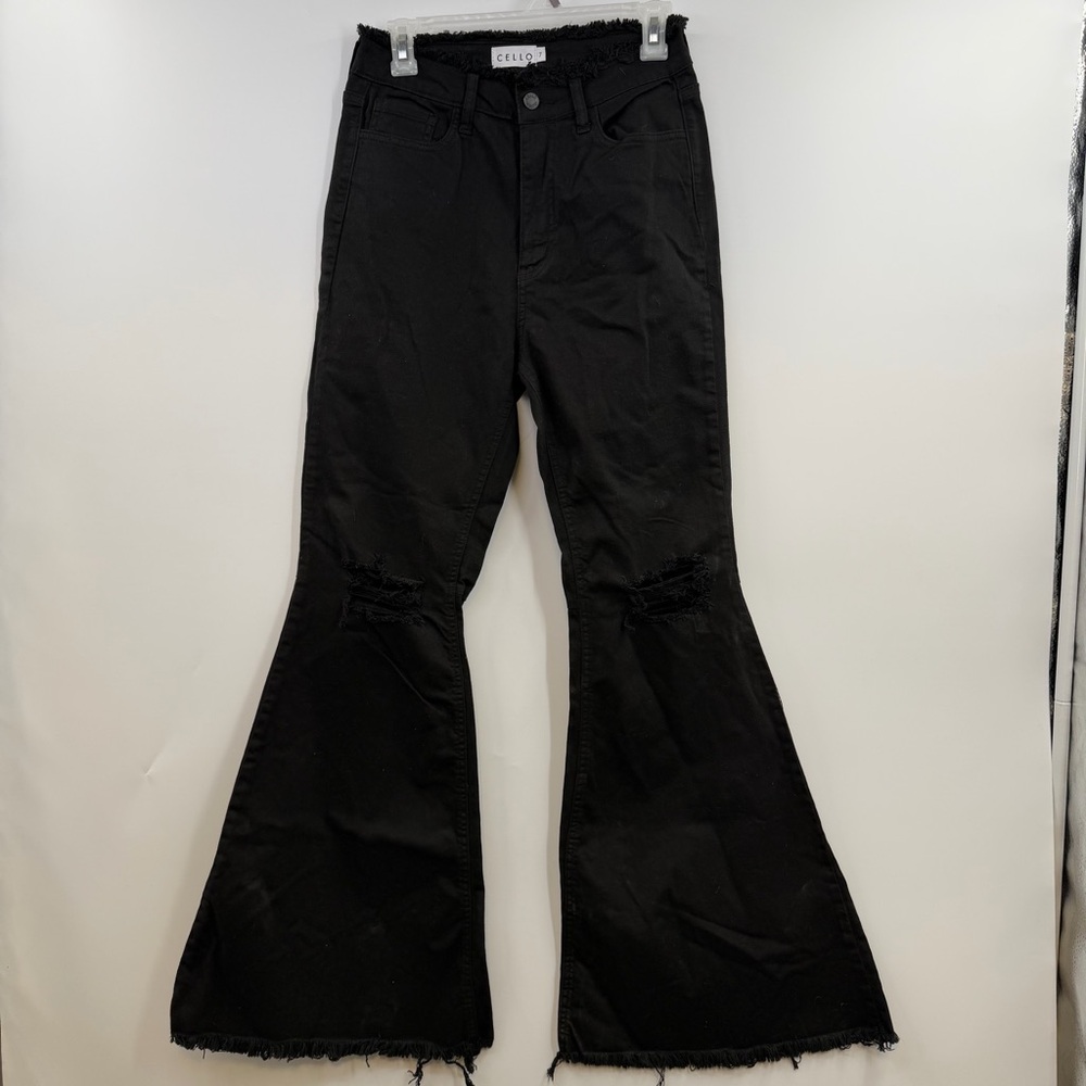 Cello High Rise Super Flare Jeans Black Distressed Raw Hem Bell Bottom 7 NWT